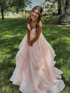 Pink Long Prom Dress, Pink V Neck Tulle Formal Graduation Dresses