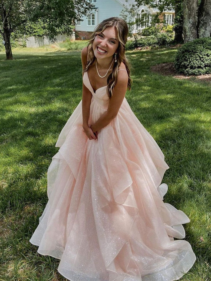 Pink Tulle Long Prom Dress, A-Line Spaghetti Straps Evening Dress US 12 / Custom Color Pink Tulle Long Prom Dress, A-Line Spaghetti Straps Evening Dress US 12 / Custom Color