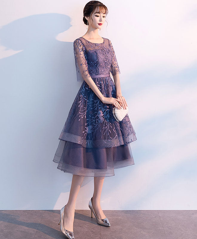 purple homecoming dress long sleeve Elegant Classic Scoop Neck Long Sleeve Purple Lace Applique Mini Homecoming Dress