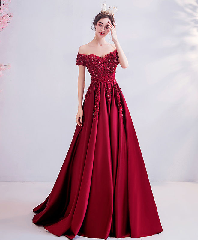 Burgundy Off Shoulder Lace Satin Long Prom Dress Burgundy Evening Dres – shopluu
