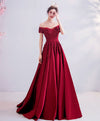 Burgundy Off Shoulder Lace Satin Long Prom Dress Burgundy Evening Dress