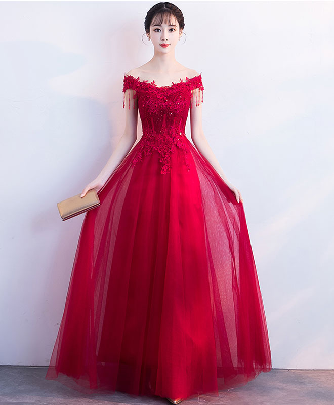 Burgundy V Neck Tulle Lace Long Prom Dress, Burgundy Tulle Bridesmaid Dress