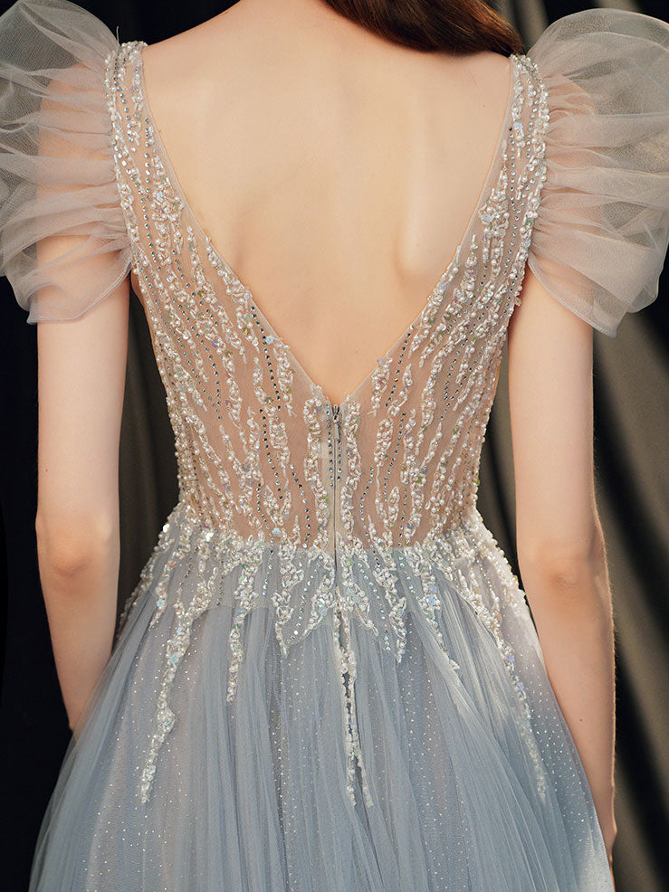 Gray Blue V Neck Tulle Sequin Long Prom Dress, Gray Blue Evening Dress