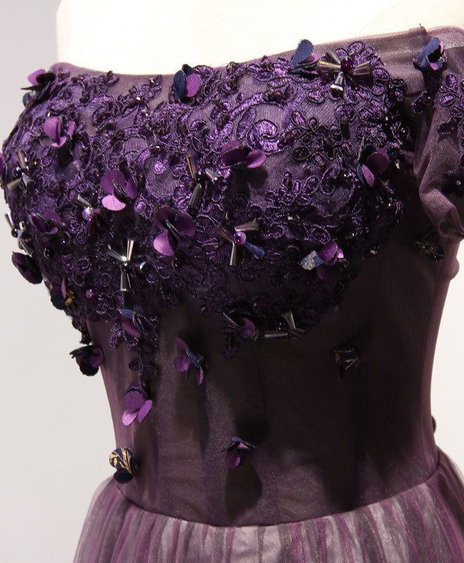 Purple Tulle Lace Off Shoulder Long Prom Dress, Purple Evening Dress