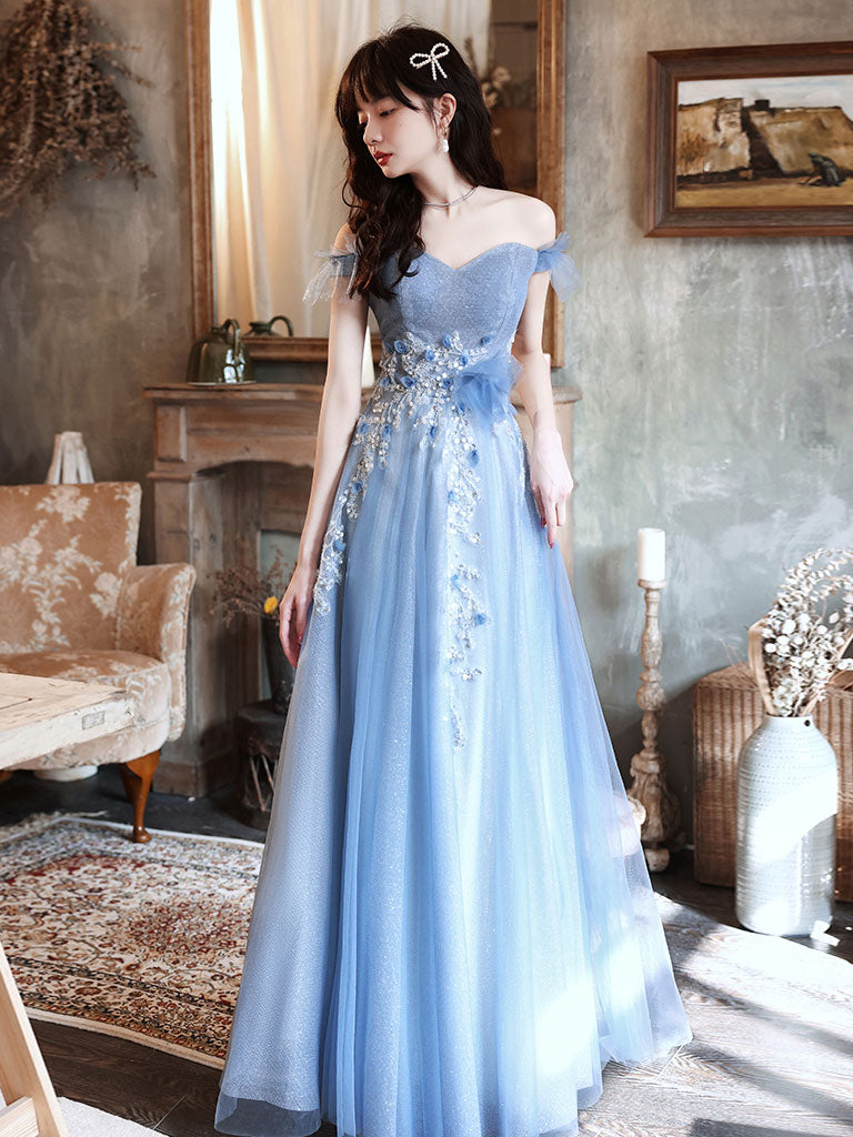 Blue Off Shoulder Tulle Long Prom Dress, Blue Tulle Formal Dress With Beading