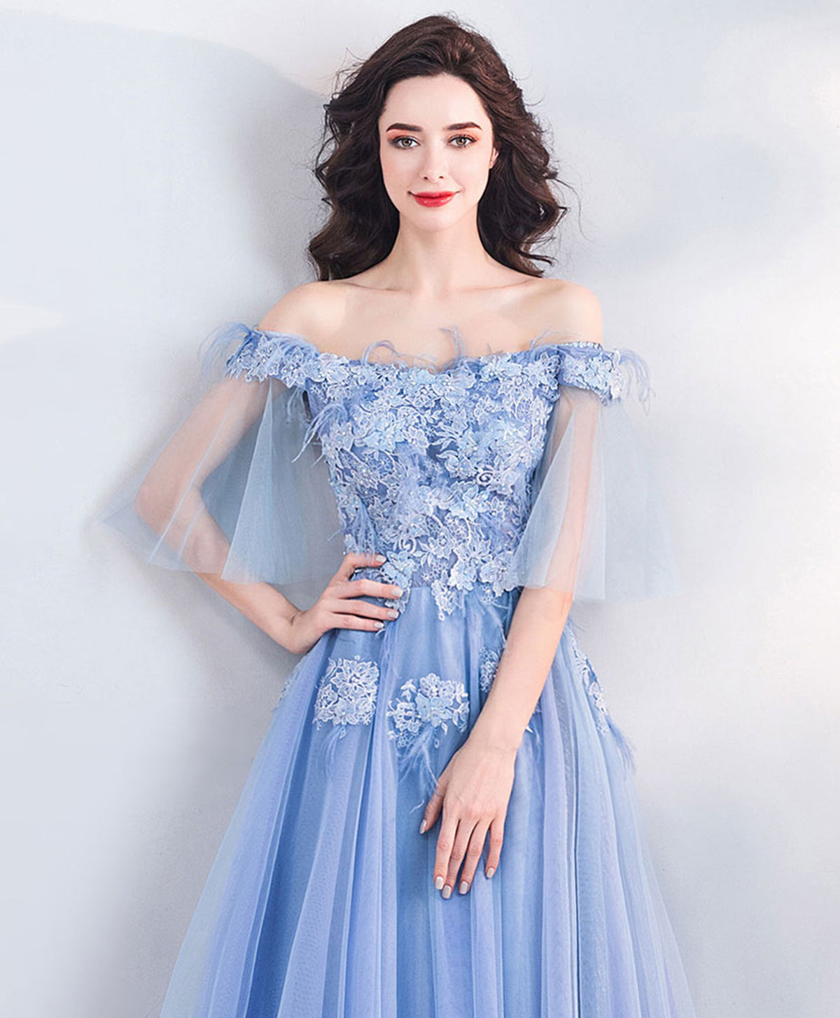 A-Line Blue Tulle Off Shoulder Long Prom Dress, Blue Evening Dress