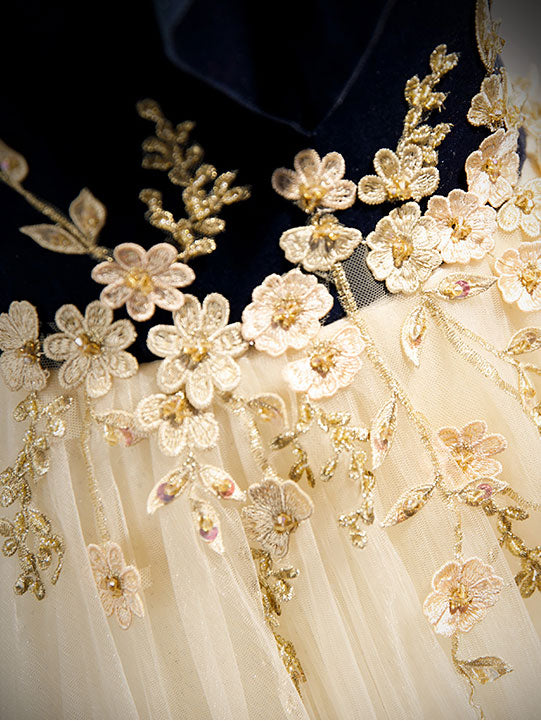 Champagne Tulle Lace Long Prom Dress, Champagne Evening Dress