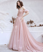 Pink Aline Tulle Long Prom Dress, Pink Formal Evening Party Dress