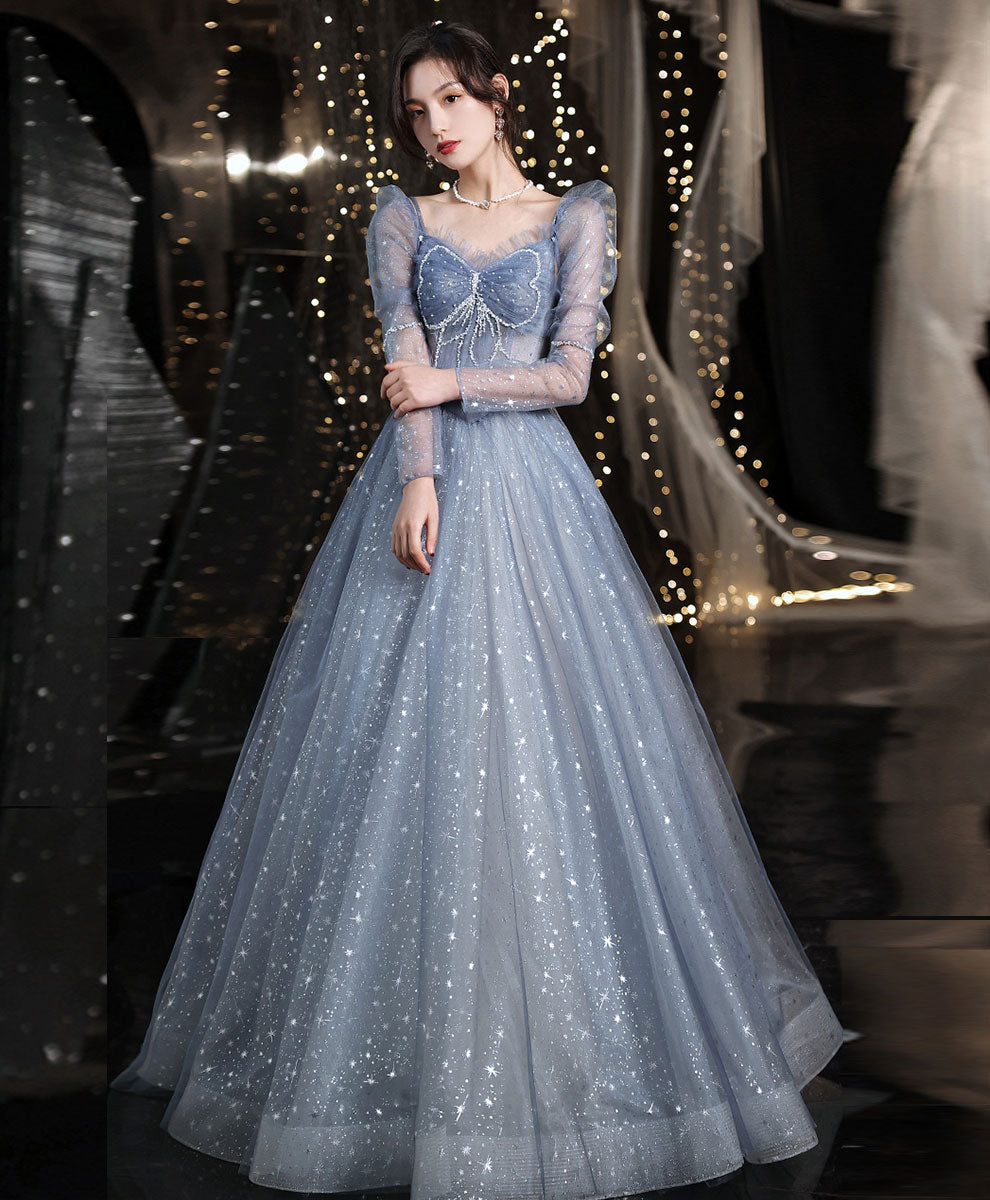 Blue Tulle Beads Long Prom Dress, Blue Sweet 16 Dress with Beading Sequin US 8 / Blue Blue Tulle Beads Long Prom Dress, Blue Sweet 16 Dress with Beading Sequin US 8 / Blue