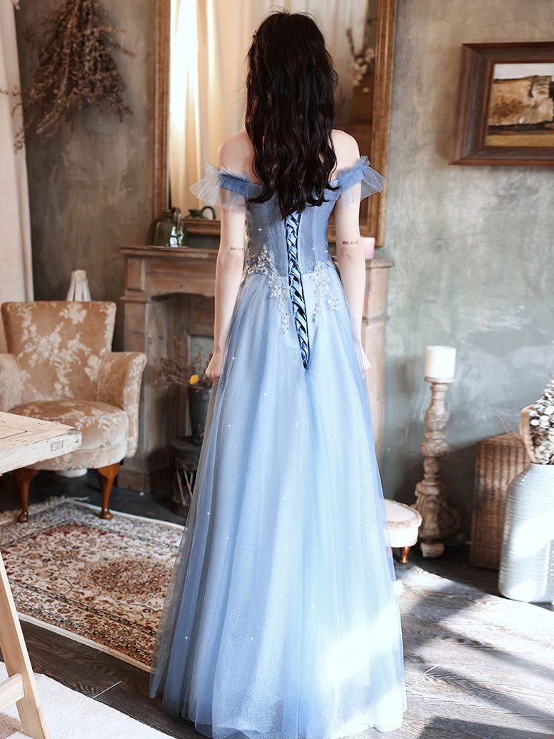 Blue Off Shoulder Tulle Long Prom Dress, Blue Tulle Formal Dress With Beading