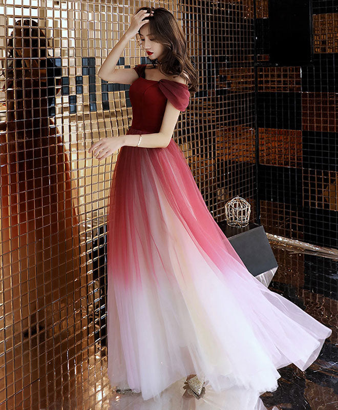 A-Line Burgundy Off Shoulder Tulle Long Prom Dress, Burgundy Evening Dress