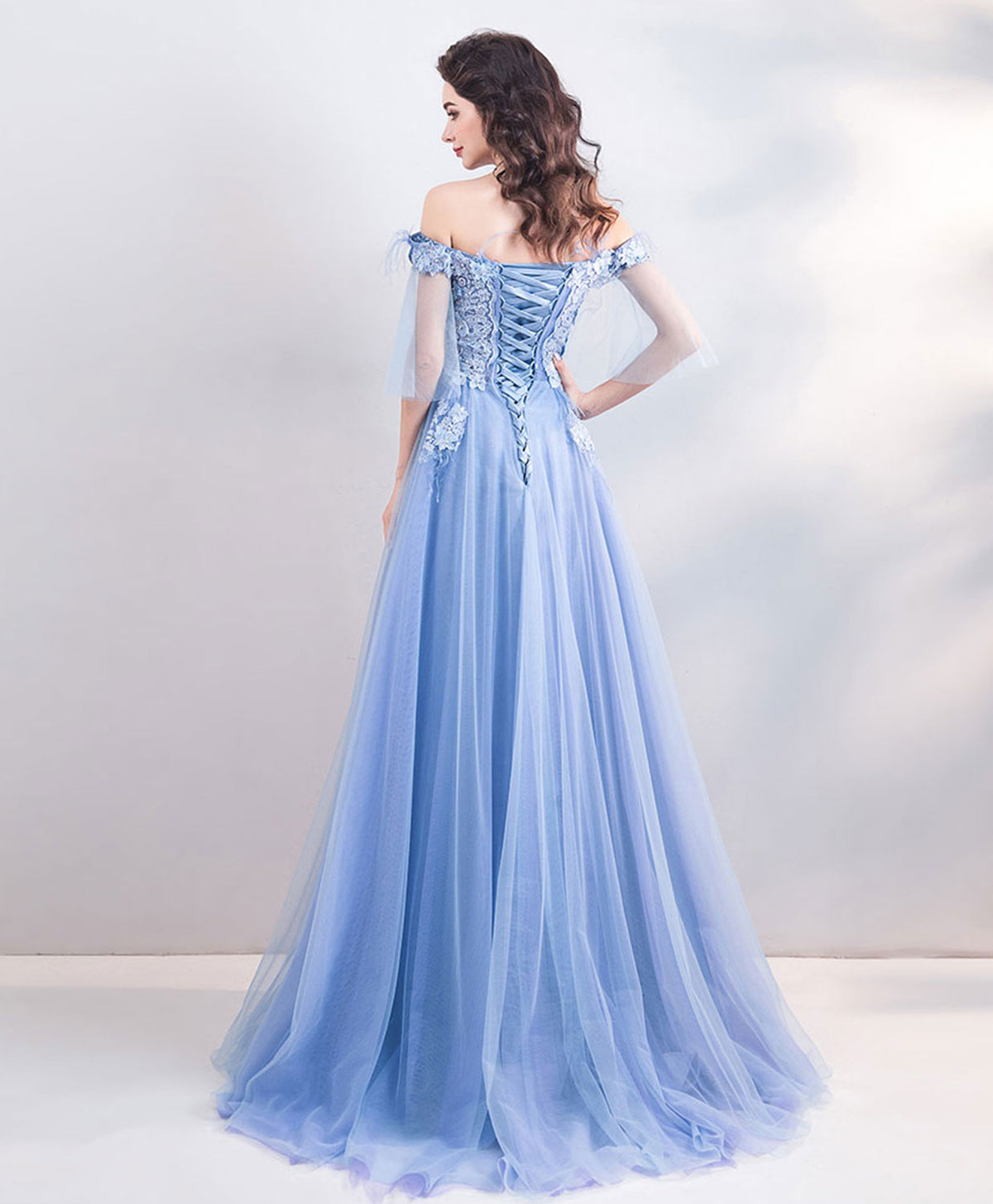 A-Line Blue Tulle Off Shoulder Long Prom Dress, Blue Evening Dress