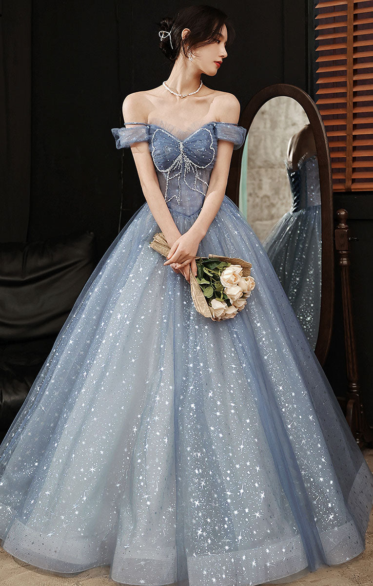 Blue Tulle Beads Long Prom Dress, Blue Sweet 16 Dress with Beading Sequin