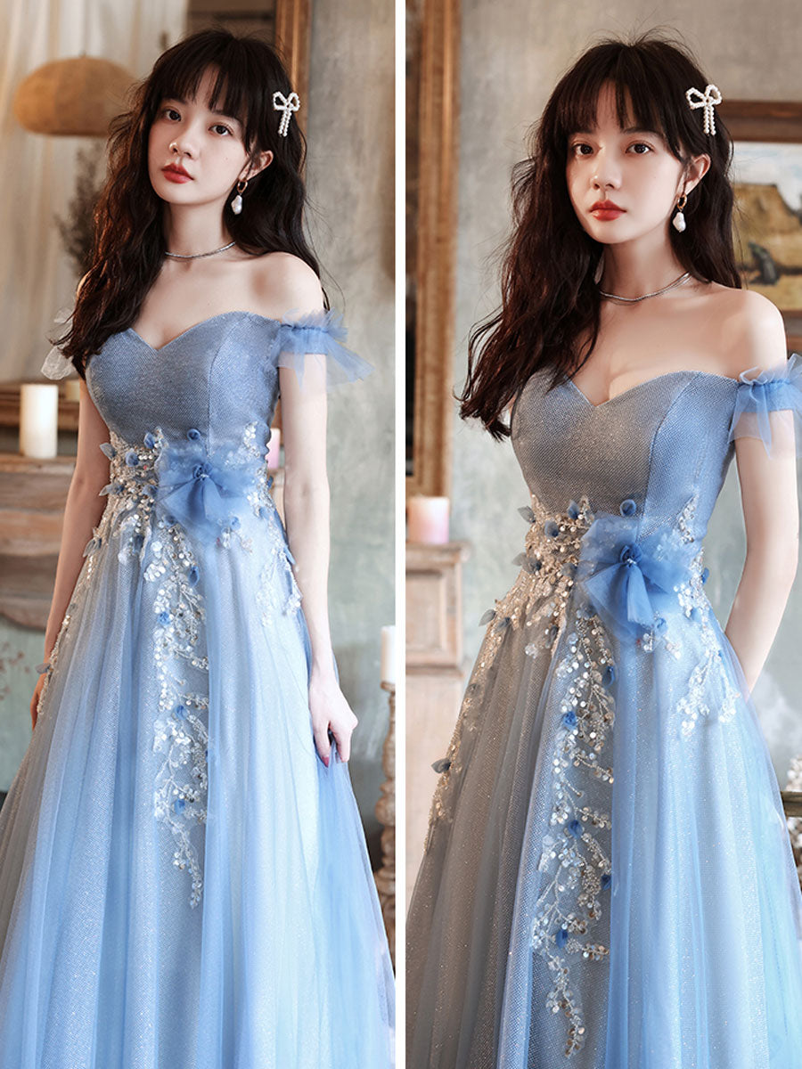 Blue Off Shoulder Tulle Long Prom Dress, Blue Tulle Formal Dress With Beading