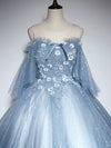 Blue Sweetheart Neck Tulle Lace Long Prom Dress, Blue Evening Dress
