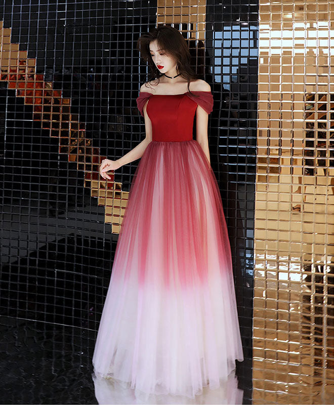 A-Line Burgundy Off Shoulder Tulle Long Prom Dress, Burgundy Evening Dress