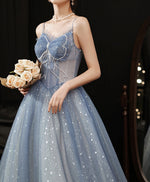 Blue Tulle Beads Long Prom Dress, Blue Sweet 16 Dress with Beading Sequin
