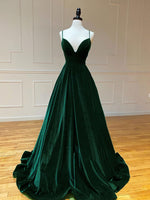 A-Line V Neck Velvet Green Long Prom Dresses, Green Velvet Formal Dress