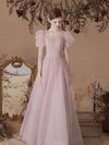 A-Line Pink Tulle Beading Long Prom Dress, Pink Formal Evening Dresses