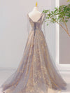 A-Line V Neck Gray Long Prom Dress, Tulle Sequin Lace Long Forma Dresses