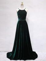 A-Line Backless Green Velvet Long Prom Dresses, Green Formal Evening Dresses
