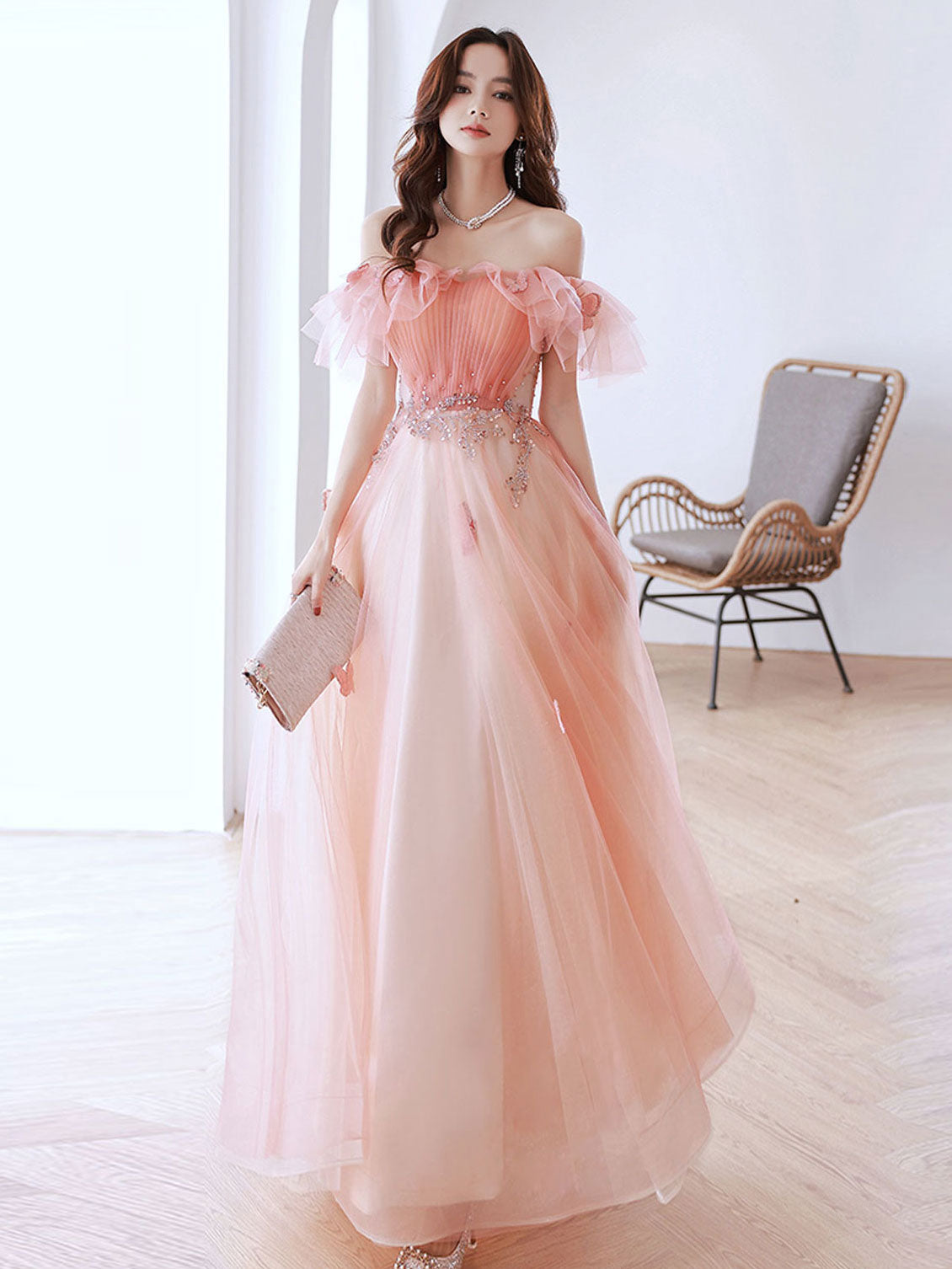 pink off the shoulder cocktail dress Pink Tulle A-line Off Shoulder Long Prom Dresses, Evening Gown With Train, MP646