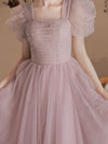 A-Line Pink Tulle Beading Long Prom Dress, Pink Formal Evening Dresses