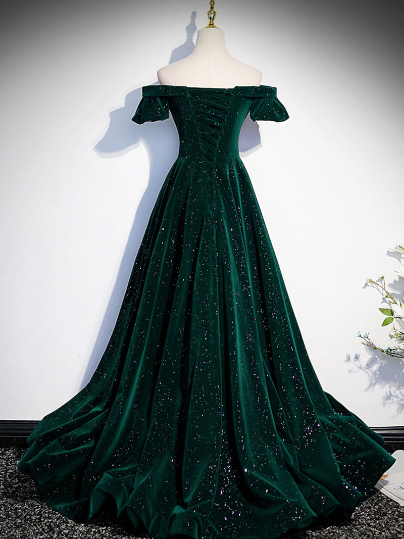 A-Line Off Shoulder Velvet Long Prom Dresses, Green Velvet Graduation shopluu A-Line Off Shoulder Velvet Long Prom Dresses, Green Velvet Graduation shopluu