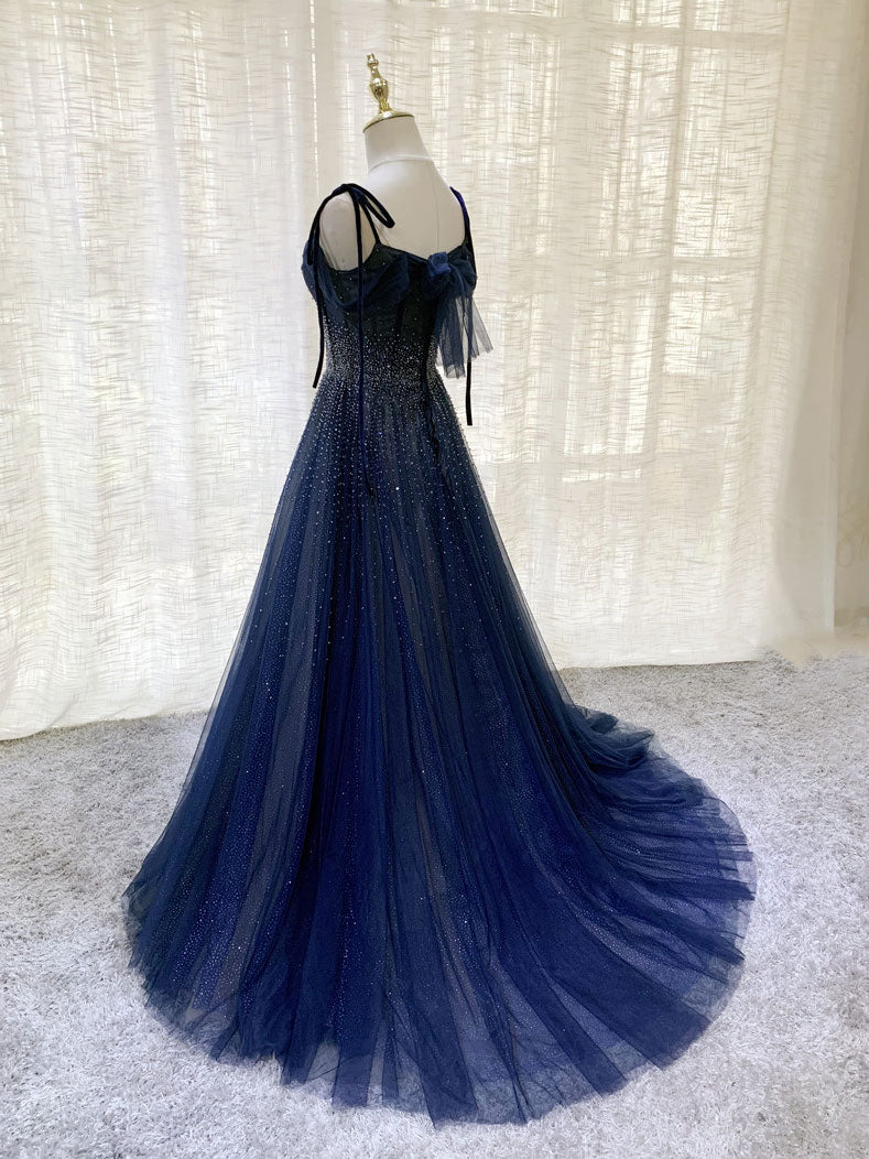 Dark Blue Tulle Sequin Long Prom Dress, Blue Tulle Formal Dress