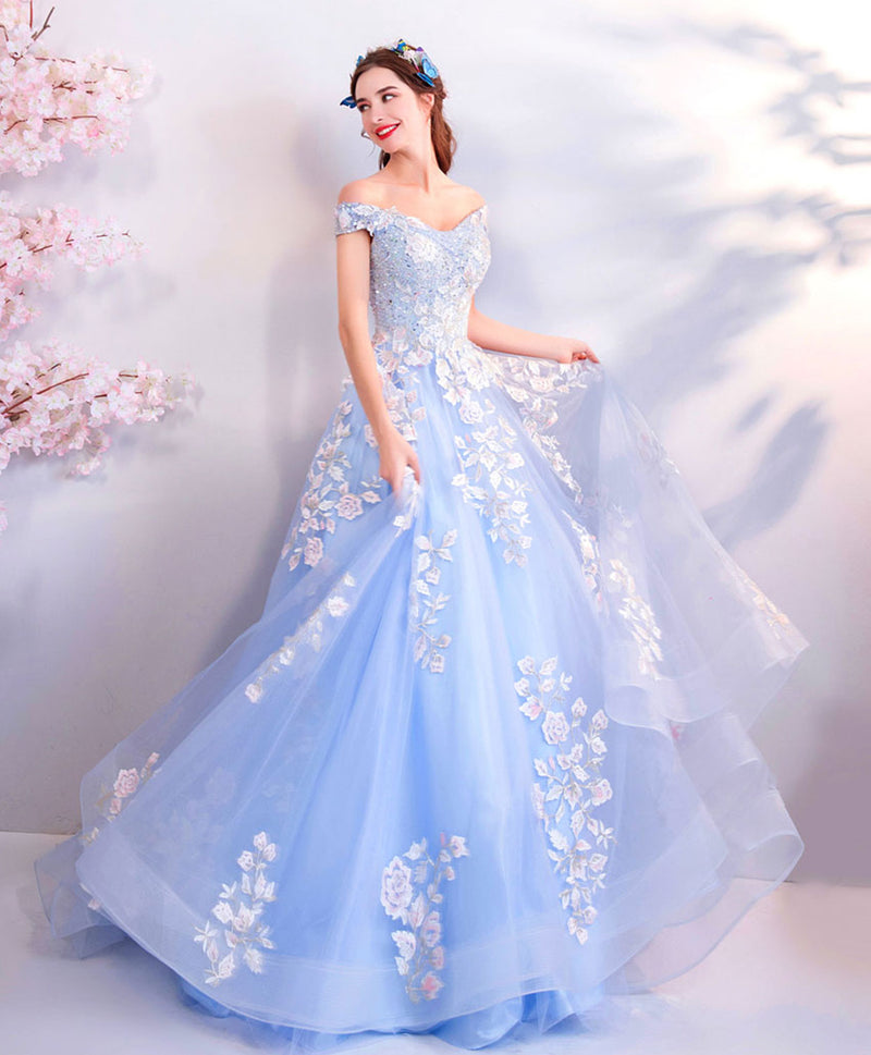Blue Off Shoulder Tulle Lace Applique Long Prom Dress, Blue Evening Dress
