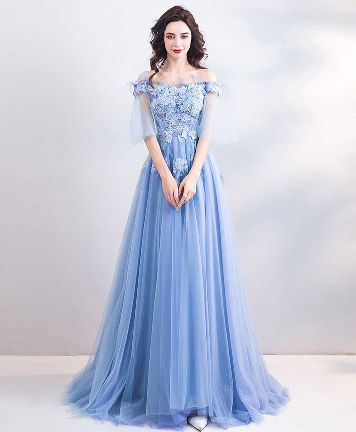A-Line Blue Tulle Off Shoulder Long Prom Dress, Blue Evening Dress
