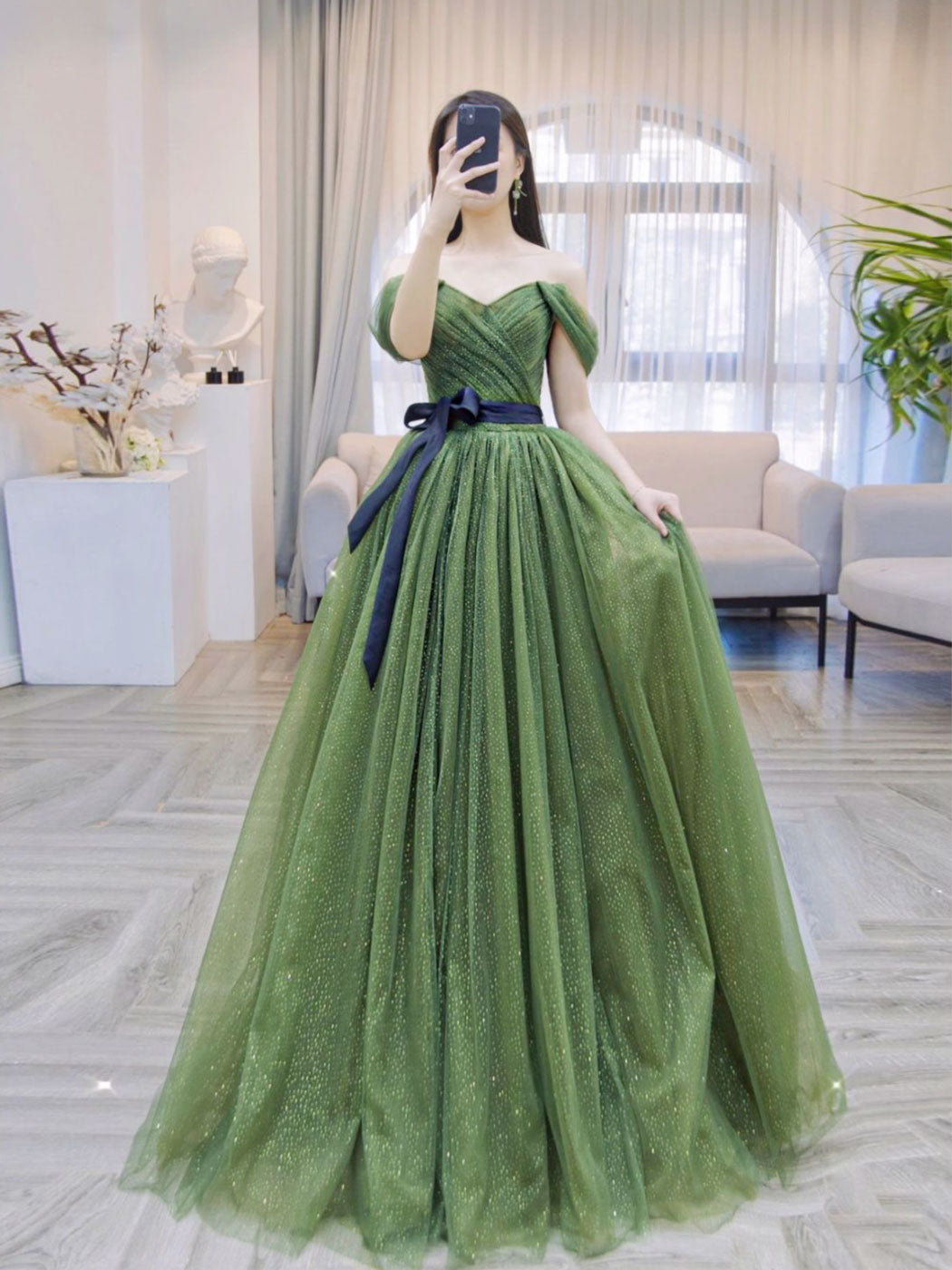 A-Line Tulle Off Shoulder Green Long Prom Dress, Green Formal Evening shopluu A-Line Tulle Off Shoulder Green Long Prom Dress, Green Formal Evening shopluu