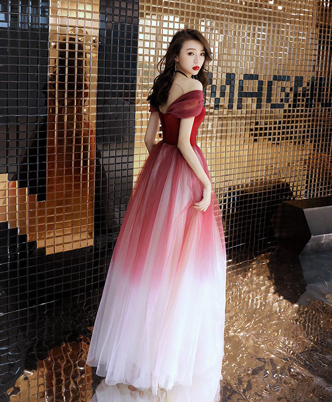 A-Line Burgundy Off Shoulder Tulle Long Prom Dress, Burgundy Evening Dress