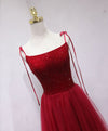 Burgundy tulle beads long prom dress, burgundy tulle formal dress