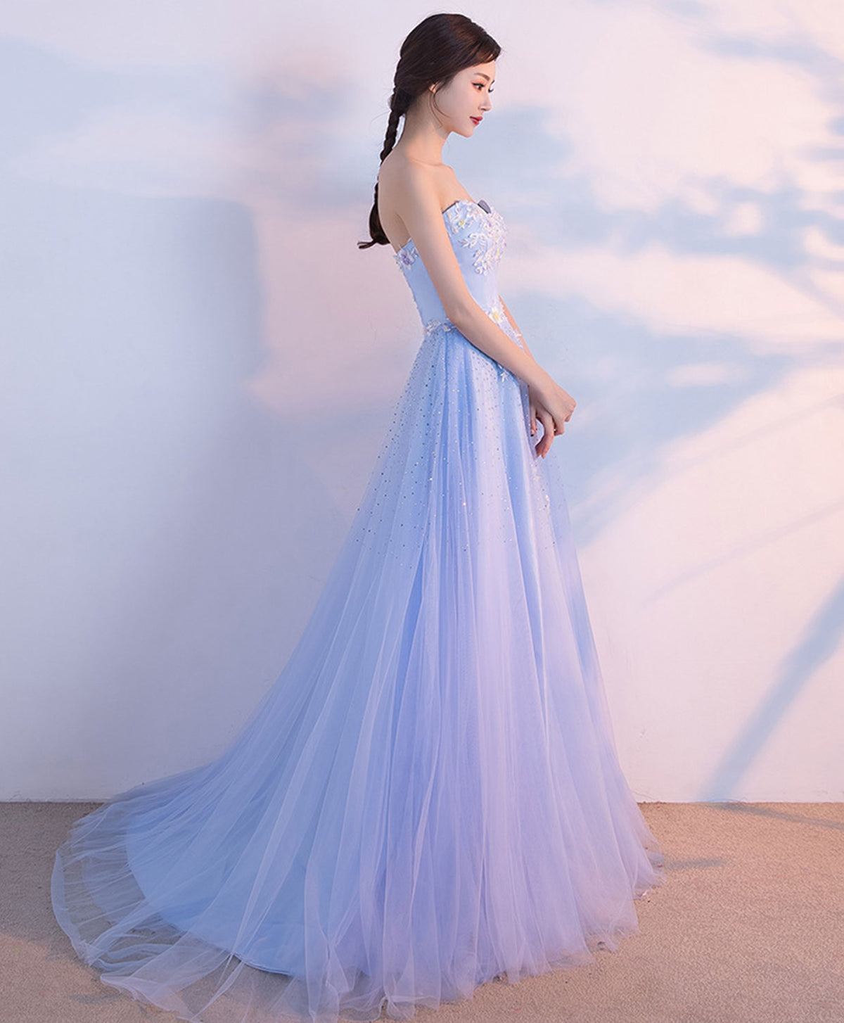 Light Blue Sweetheart Neck Long Prom Dress, Lace Formal Dress