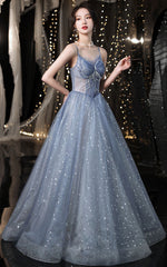 Blue Tulle Beads Long Prom Dress, Blue Sweet 16 Dress with Beading Sequin
