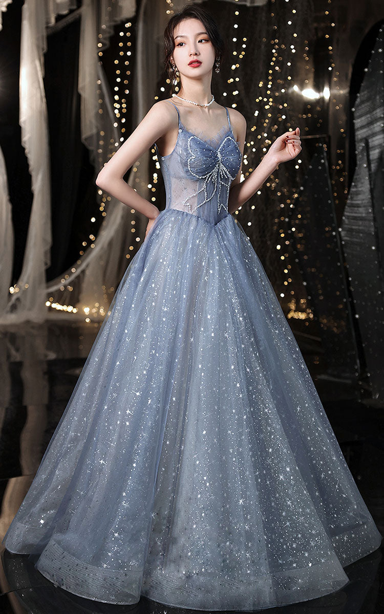 Blue Tulle Beads Long Prom Dress, Blue Sweet 16 Dress with Beading Sequin US 8 / Blue Blue Tulle Beads Long Prom Dress, Blue Sweet 16 Dress with Beading Sequin US 8 / Blue