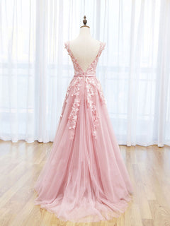 Scoop Neckline Tulle Pink Long Prom Dress