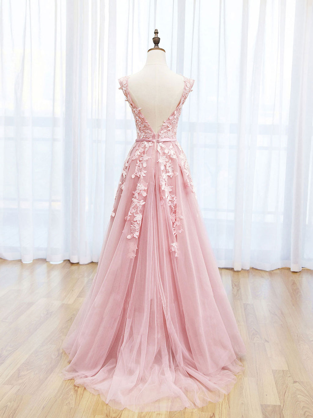 Scoop Neckline Tulle Pink Long Prom Dress, Pink Backless Evening Dresses