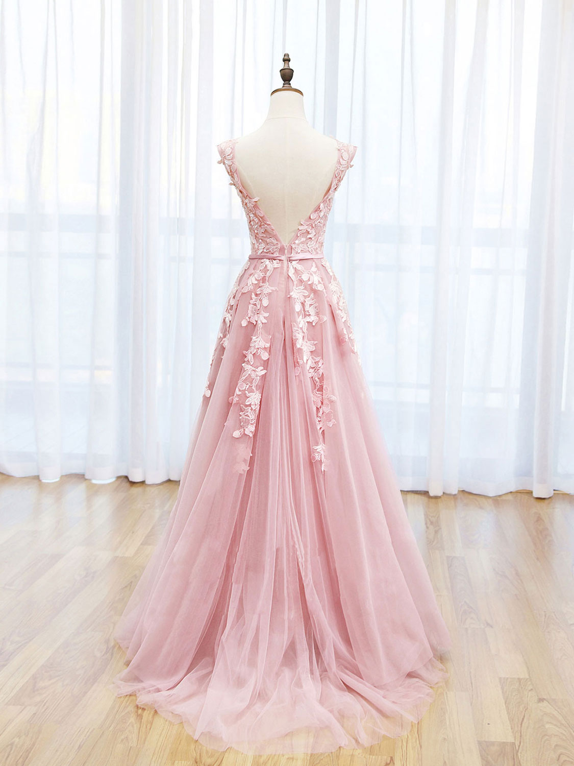 Scoop Neckline Tulle Pink Long Prom Dress, Pink Backless Evening Dresses US 4 / Pink Scoop Neckline Tulle Pink Long Prom Dress, Pink Backless Evening Dresses US 4 / Pink