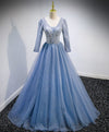 Blue V Neck Tulle Lace Long Prom Dress, Blue Evening Dress with Sequin Beading