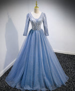 Blue V Neck Tulle Lace Long Prom Dress, Blue Evening Dress with Sequin Beading