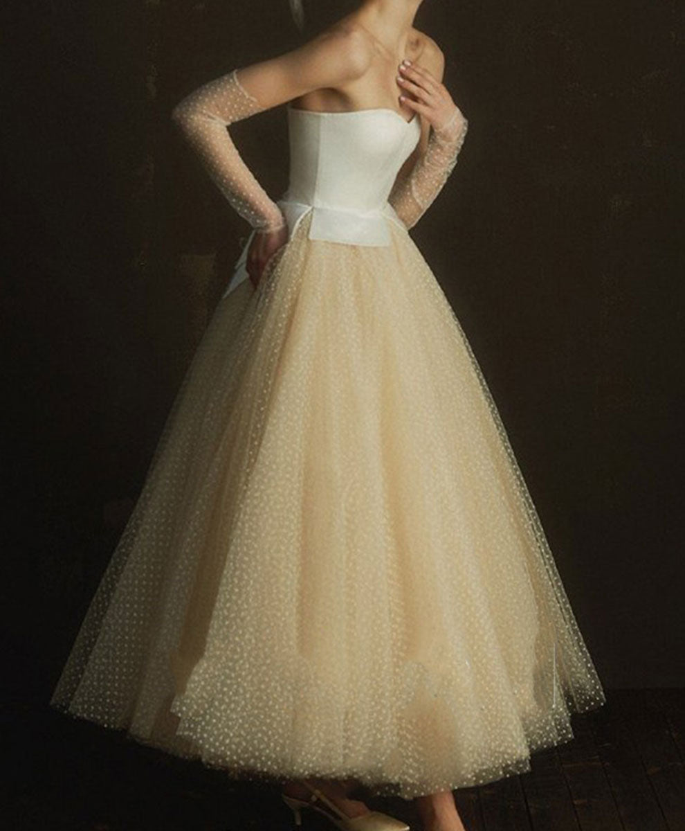 Champagne Tulle Retro Short  Dress, Tulle Tea Length Prom Dress