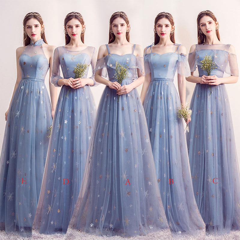 Blue Tulle Long Prom Dress, Blue Aline Bridesmaid Dress