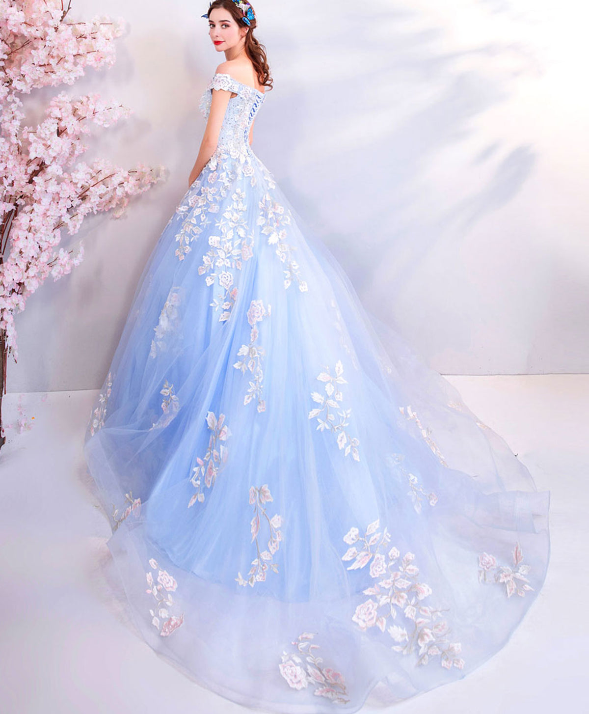 Blue Off Shoulder Tulle Lace Applique Long Prom Dress, Blue Evening Dress