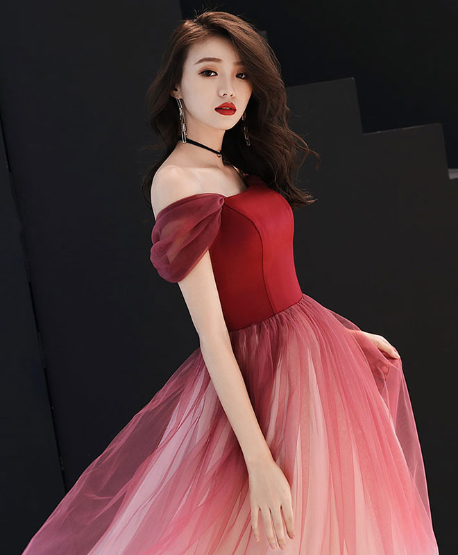 A-Line Burgundy Off Shoulder Tulle Long Prom Dress, Burgundy Evening Dress