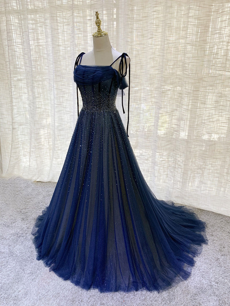 Dark Blue Tulle Sequin High Low Prom Dress, Blue Evening Dress – shopluu