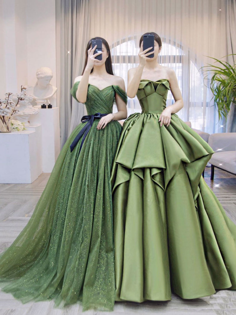 A-Line Tulle Off Shoulder Green Long Prom Dress