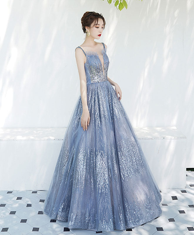 Blue Tulle Sequin Off Shoulder Long Prom Dress Tulle Evening Dress