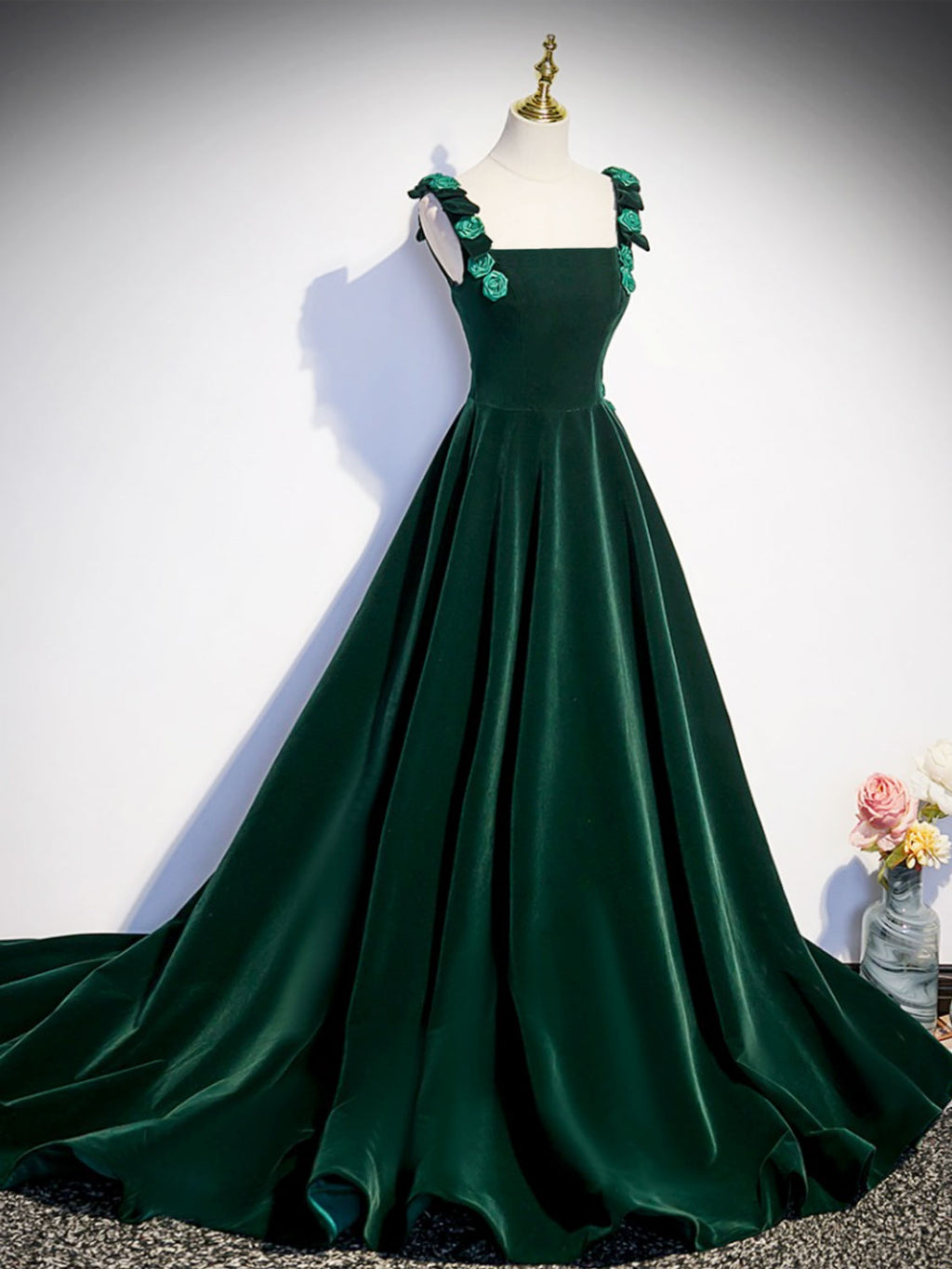 A-Line Velvet Green Long Prom Dresses, Green Formal Evening Dresses
